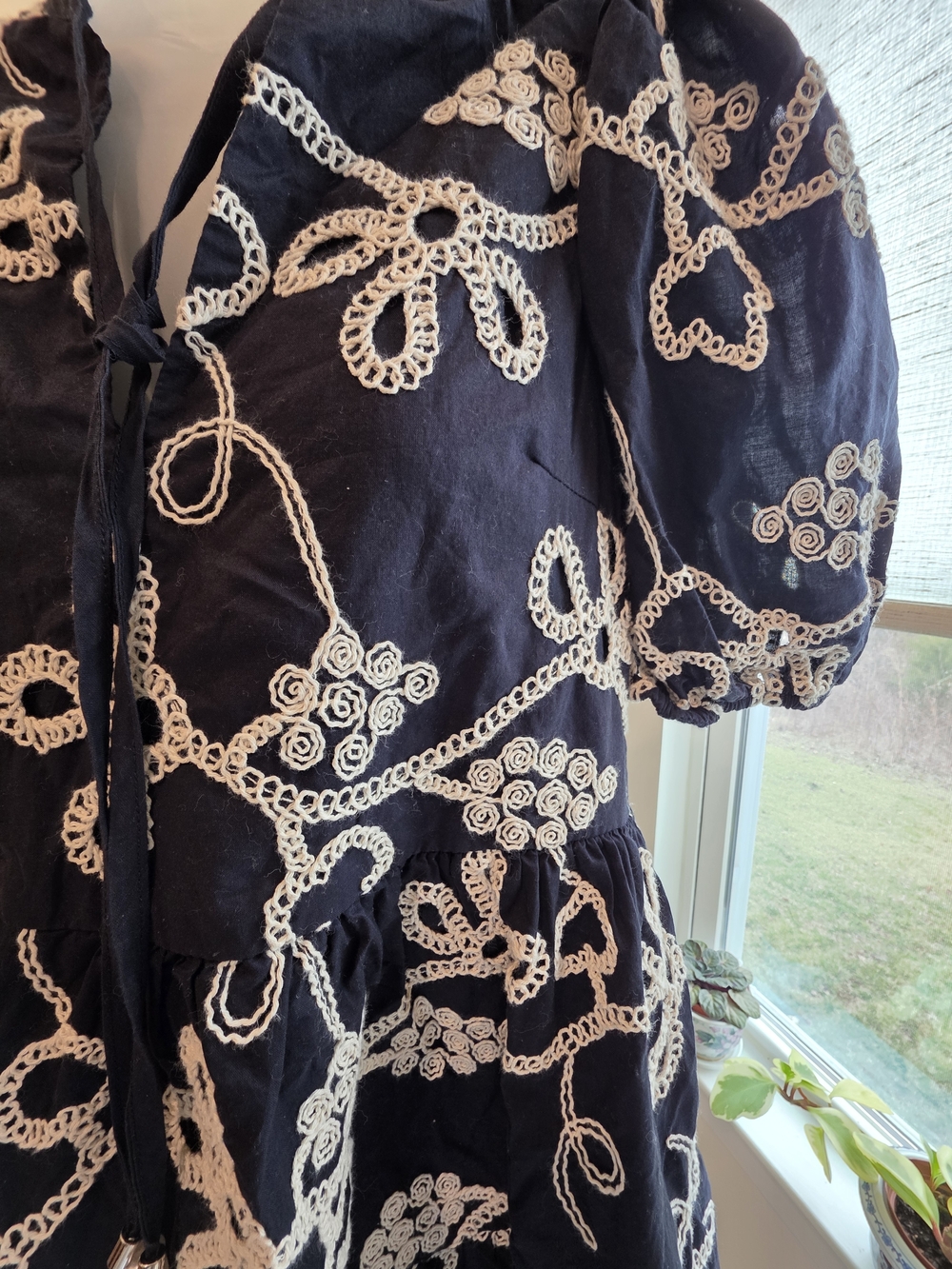 Black Embroidered Cotton Puff-Sleeve Midi Dress Cottagecore Coquette Size XS - Picture 5 of 13